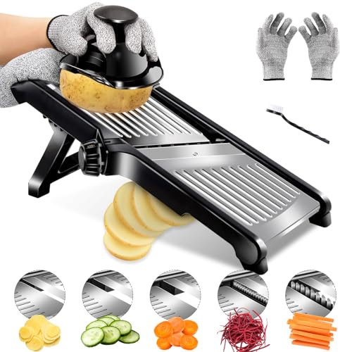Almcmy Mandoline Slicer for Kitchen, Adjustable Stainless Steel Mandoline Food Slicer with Cut-Resistant Gloves, Vegetable Chopper Onion Slicer Potato Slicer Julienne Slicer - Send 1 Cleaning Brush