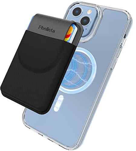 Phelinta Porte Cartes Magnétique Portefeuille Compatible avec MagSafe Wallet pour iPhone 16/15/14/13/12 Séries, Porte-Cartes en Cuir avec Rabat, Stockez 5 Cards Cartes