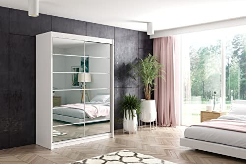 ALTDECOR Kleiderschrank mit Spiegel und Schiebetüren, kugelgelagerte Führungsschienen und Aluminium-Leisten, LED-Beleuchtung (weiß + 16 Farben) und Fernbedienung - Flora - 120 cm Weiß