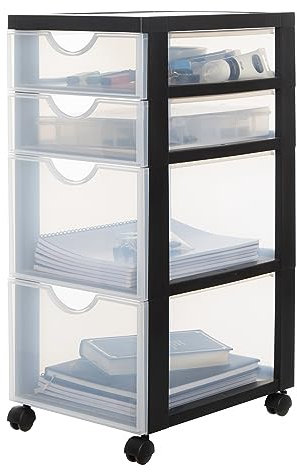 Iris Ohyama, Tour de rangement à Roulettes, Plastique, 2 Grands & 2 Petits Tiroirs, Noir, Ouverture Facile, Meuble de Rangement, Papeterie, pour Chambre, Douche, École & Bureau, Sans BPA, DDDC-322