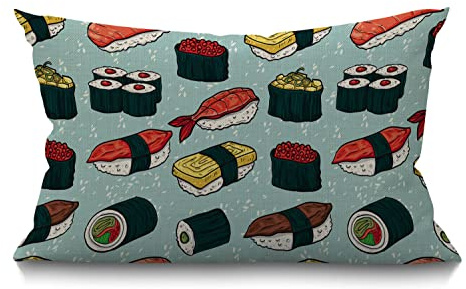 BGBDEIA Colorful Sushi Cushion Cover,Different types of Japanese Food sushi and rolls pillow covers, Rectangle throw pillowcase with invisible zipper for sofa & couch 30 x 50 cm(12 x 20 inch)