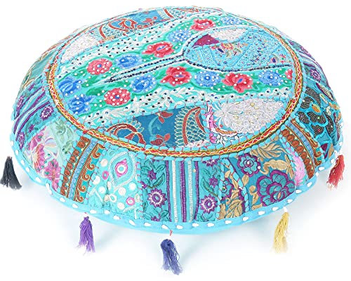 MAM Treasures Patchwork-Kissenbezug, rund, bunt, dekorativer Bodenkissenbezug, Meditationskissen, Sitzüberwurf, Bohemian-Akzent, Boho-Bezug, indischer handgefertigter Bezug (80 cm Durchmesser,