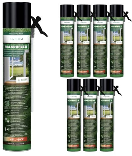 Espuma de poliuretano GreenQ PU-STD Makroflex de Henkel, espuma de construcción para un sellado fuerte y aislamiento, espuma de montaje gris, incluye tubos, uso inmediato (8 x 750 ml)