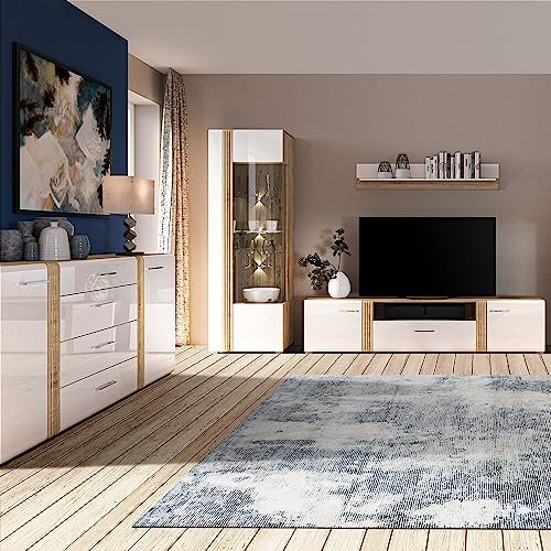 Lomadox Wohnwand Anbauwand Fernsehwand TV Wand in Eiche Nb. modern mit Fronten in Hochglanz weiß 4-teilig, Sideboard, Vitrinenschrank, TV-Lowboard und Wandregal, inkl. LED Beleuchtung