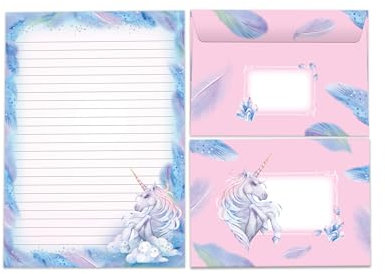 Briefpapier-Set Schreibblock liniert mit Umschlag für Mädchen Kinder Schule Einhorn Pferd Kristall (1 Block A5 mit 25 Blättern + 15 passend bedruckte Briefumschläge)