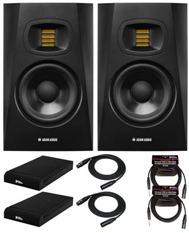 Adam Audio T7V 7-Inch Powered Studio Monitor (2-Pack) with Isolation Pads, XLR and TRS Cables Bundle (7 Items)