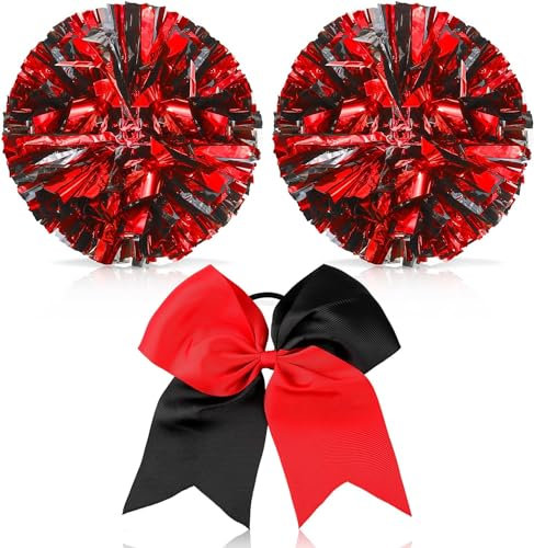 Theaque Cheerleader-Pompons und große Cheerleader-Haarschleife für Mädchen, 30,5 cm große metallische Cheerleader-Pompons für Sport, Teamgeist, Jubeln (rot und schwarz gemischt)