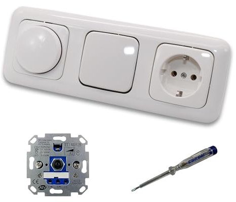 REV Ritter LED Drehdimmer Dimmer + Busch Jäger Dimmerscheibe 2115-214 + Taster 2020US + Steckdose 20EUC-214 Reflex Si alpinweiß glänzend + EBROM Phasenprüfer z. Montage der Geräte ET1 66012B
