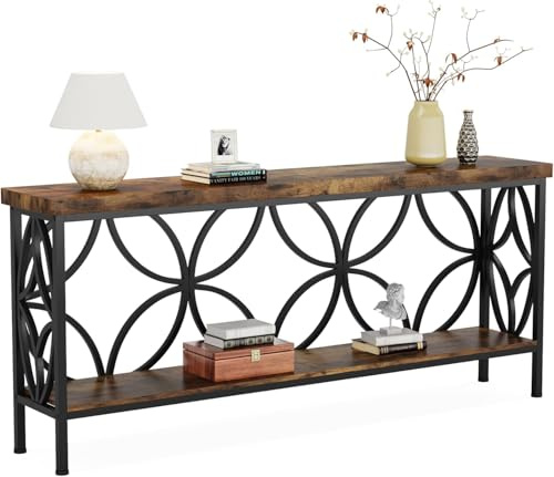 LITTLE TREE Sofatisch, 160 cm großer Industrie-Couchtisch hinter dem Sofatisch mit Aufbewahrungsregalen, schmaler Langer Konsolentisch für den Eingangsbereich, Wohnzimmer, Foyer, Flur, Büro