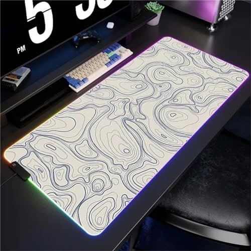 Tapis de Souris RGB Topographique Blanc XXL Grand 900x400x3mm 7 Couleurs 14 Modes D'éclairage Tapis de Souris de Jeu LED avec Base en Caoutchouc Antidérapant pour Clavier PC