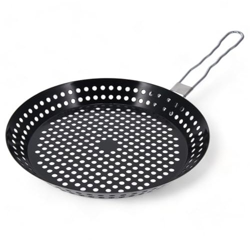 MIJOMA Barbecue Grillpfanne Edelstahl Antihaft | Gelocht mit Faltgriff Ø 30cm | Perfekt für BBQ Grillgut | schwarz