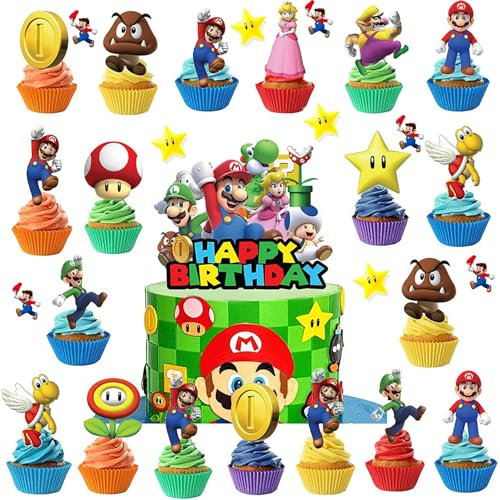Bogoro 25 Stück Super Mario Cupcake Toppers,Tortendeko Geburtstag,Super Mario Geburtstag Deko,Happy Birthday Kartenhalter Cupcake Deko Für Babyparty, Kindergeburtstagsfeier