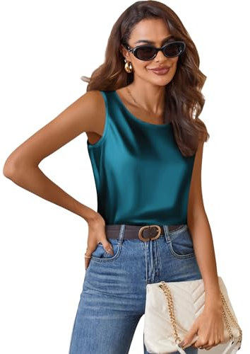 Zeagoo Top con Spalline in Satin per Donne Canotta Elegante Camicetta Senza Maniche T-Shirt con Scollo Rotondo Top in Satin Estivo Base Camicetta di Seta Verde XL