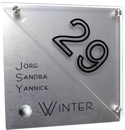Modernes Klingelschild KA5 mit Hausnummer inkl. Gravur- Aluminium im Edelstahl - Design + Acrylglas +3er Set Edelstahl V2A Zierkappen - Gravur nach Wunsch - Auch mit LED - Taster ohne Aufpreis möglich