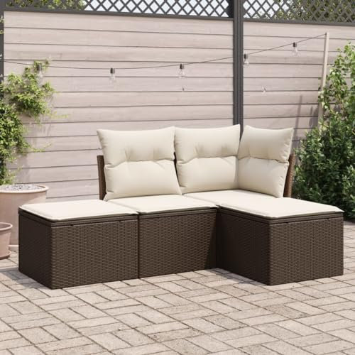 Faroom Balkon Ecklounge mit Stauraum Gartenlounge Klein Balkon Lounge Rattan Sofa Balkonsofa Kleiner Balkon Sitzecke Balkon Loungemöbel Gartensofa Ecksofa Balkonmöbel Braun und Creme 4-tlg-Type-537
