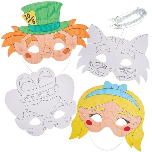 Baker Ross FN181 Alice im Wunderland Ausmalmasken - 8er-Pack, Faschingskostüm Basteln