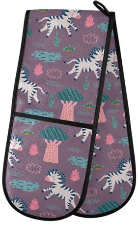 Double Oven Gloves Cute Zebra Plants Heat Resistant Pot Holder Oven Mitt Gloves for BBQ Cooking Baking Grilling Microwave