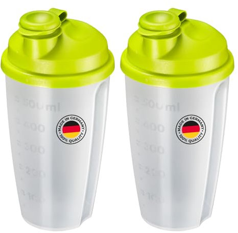 Westmark Dressingshaker Mixery, 2Stk. – Große Shaker mit herausnehmbarer Mixscheibe und Messskala zum Zubereiten von Dressings und Shakes – Apfelgrün, 0,5 l