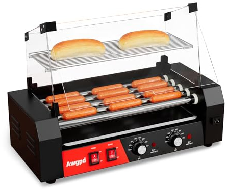 Hot Dog Roller 5 Rollen, 12 Hot Dog Kapazität, 750W Edelstahl mit Dual-Temperaturregelung, Acrylabdeckung, Abnehmbare Öltropfschale (5 Rollen)