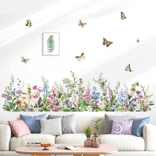 decalmile Pegatinas de Pared Hierba Verde Flores Vinilos Decorativos Planta Flores Mariposas Rodapié Adhesivos Pared Dormitorio Salón Cocina