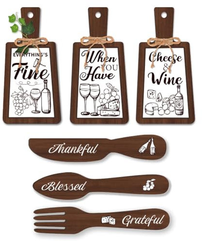 PH PandaHall 6pcs Kitchen Wooden Sign, Wine Cheese Wood Cutting Board Wall Decor Eat Sign Dining Sign Farmhouse Tiered Tray Rustic Hanging Fork Spoon for Home Kitchen Dining Living Room Bar Cafe Decor