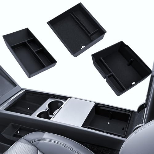LANTU Lot de 3 accessoires pour Tesla Model Y 2025 Juniper - Organiseur de console centrale en silicone et boîte de rangement pour accoudoir (flocage)