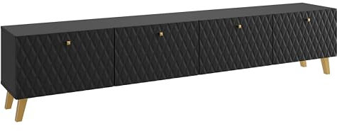 MINIO go for it - TV Schrank LOKET, 190 cm Breit, Lowboard, mit Klappen, TV Unterschrank, TV Cabinet, Fernsehschrank, Wohnzimmer, mit goldenen Beinen und Griffen, Farbe: Schwarz matt mit Rautenmuster
