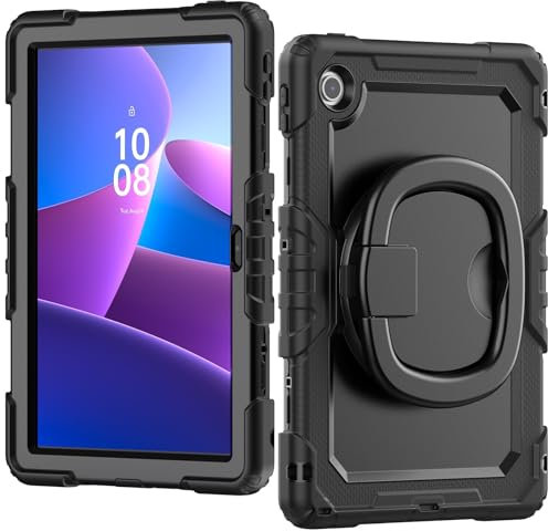 Funda compatible con Lenovo Tab 10.1 (TB-311XU)/K10C TB311FU 2025 con protector de pantalla, funda protectora de cuerpo completo resistente con mango giratorio funda de silicona zy (negro)