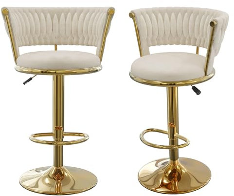 Utlenianie Lot de 2 Tabouret Bar, Chaise Haute Bar avec Pieds Réglable 59-80 cm, Chaise de Bar Velours avec Dossier et Repose-Pieds en métal, Tabouret de Bar pour Bar/Cuisine (Or)