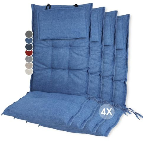 slaaviinoo Gartenstuhlauflagen Hochlehner 4er Set - Ideale 6 cm Dicke Sitzauflagen - Mit Kopfpolster - Oeko-TEX Zertifiziert - UV-beständig - Auflagen für Gartenmöbel - Jeansblau