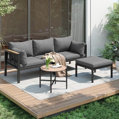 Oxtao Gartenmöbel Set Balkonmöbel Garten Lounge Möbel, 4 Sitzer Eckgarnitur mit Couchtisch und Fußhocker, Gartenlounge Outdoor Patio Terrassemöbel, 3er Sofa, Hocker und Tisch, Glastischplatte