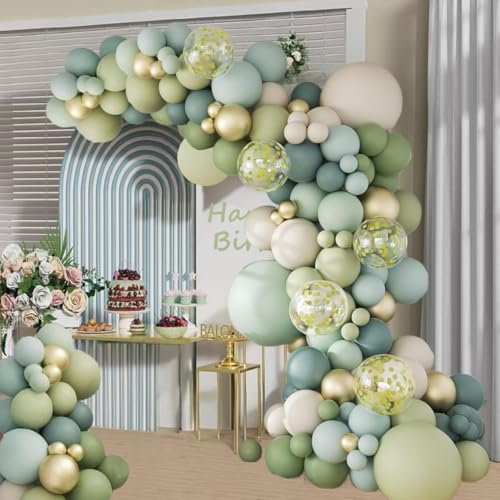 Kit Arco Palloncini Verde Polvere,Salvia, Verde, Blu, Bianco, Sabbia, Oro, Set da 109 Pezzi, Palloncini per Feste di Compleanno di Bambini e Bambine, Matrimoni, Baby Shower