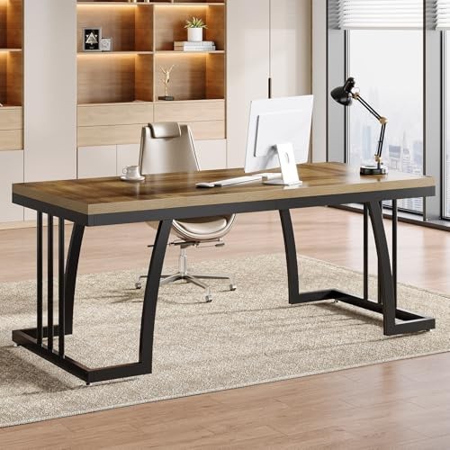 Tribesigns 160 cm Executive Desk, Large Office Computer Desk with Extra Thick Wooden Tabletop and Metal Frame, Modern Simple Workstation Writing Table Study Desk for Home Office, Vintage Brown