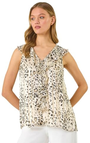 Roman Women Frill Front Vest Top Ladies Ruffle Blouse Summer Spring Special Occasion Evening Holiday Cruise Cocktail Party Short Long Sleeve Sleeveless V-Neck - Beige - Size 20