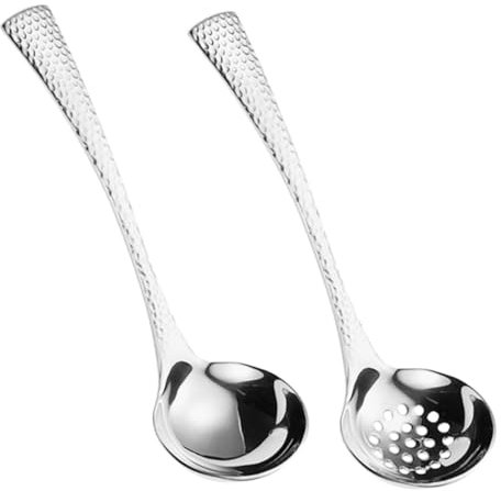 TIDTALEO 304 Stainless Steel Soup Ladle and Skimmer Spoon Set, Hammered Vintage Design, Long Handle Kitchen Cooking Utensils for Serving and Scooping, 2pcs Set Suitable for Hotpot and Daily Use