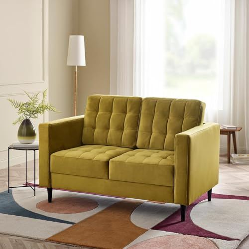 Furniturebox UK Joni 2 Seater Mustard Yellow Velvet Sofa – Modern Retro Upholstered Yellow Fabric Couch with Black Wooden Tapered Legs – Square Stitching Design – Contemporary Living Room Furniture