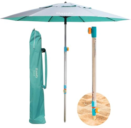 Handy Beach Umbrella with 10 Second Easy Setup Hammer In Anchor - 7ft Large Portable Heavy Duty High Wind Stability Beach Umbrellas For Sand-ASTM F3681 Safety Tested-Silver Coated UPF 55 Sun