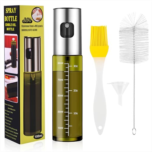 Qzakce Oil Sprayer for Cooking, Green UV Protection Glass Oil Spray Bottle with Accessories for Salad, Barbecue, Baking, Kitchen Gadgets 100ml