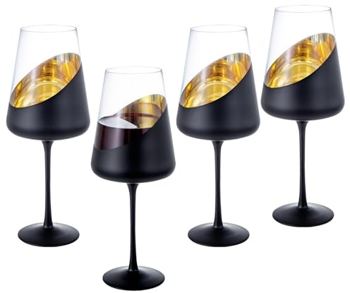 MyGift Black and Gold Wine Glasses, Set of 4 Tulip Champagne Glasses, 19 oz Stemmed Drinkware for Cocktails, Wine, Entertaining, Wedding, Gifts