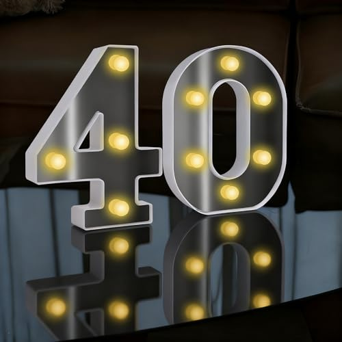 LED Light Up Numbers Sign, LED Number Lights, Cool & Warm Light up Numbers for 40th Birthday Decorations, for Birthday Party Night Lights Anniversary Backdrop Home Decor (White-40)