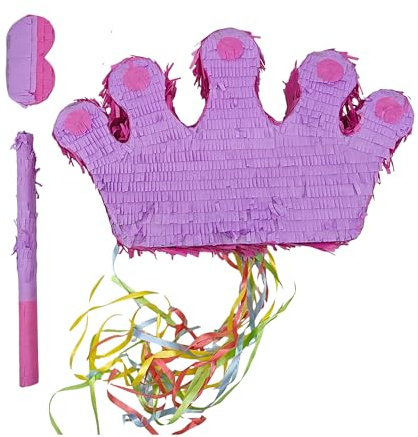 Relaxdays Pinata Krone, mit Stab & Maske, zum Aufhängen, Kinder, Geburtstag, zum Befüllen, HBT: 31x49x10 cm, lila-pink