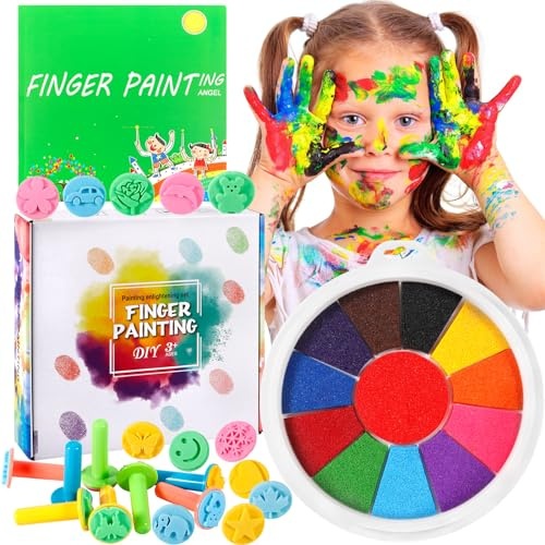 JUQG Stempelkissen, 12 Farben Fingerabdruckpad für Kinder, Farb Stempelkissen mit Bilderbuch, 20 Silikonstempe, Sicher, Waschbar für DIY Malerei und Bastelarbeiten