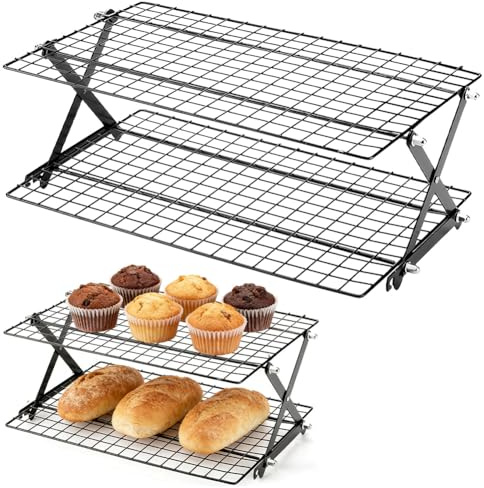 Umllpet 2-stöckiges faltbares Abkühlgitter aus lebensmittelechtem Edelstahl 43,5x25cm, stapelbarer hitzebeständiger Backrost für Kekse Brot Pizza Kuchen spülmaschinenfest und rostfrei