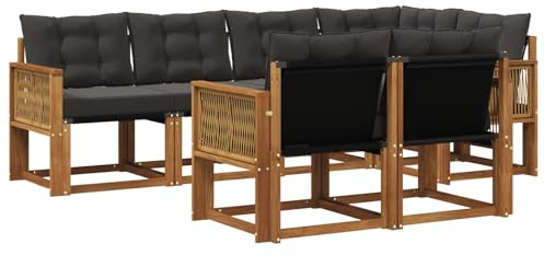 vidaXL Outdoor-Sofagarnitur mit Kissen 7 pcs Natürlich und Schwarz, Moderner Outdoor-Sofa, strapazierfähige Gartenmöbel, Lounge für Terrasse, Komfortables Sitz-Set