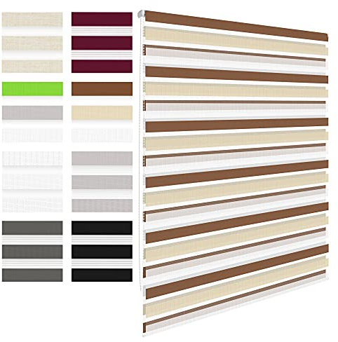 ECD Germany Tenda a Rullo Doppia Oscurante - 55 x 150 cm - Bianco-Beige-Marrone - Klemmfix - Duo Rollo - Senza Foratura - Protezione Sole Persiana Avvolgibile Righe Orizzontali con Materiale Montaggio