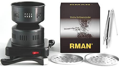 RMAN® Hornillo cachimba electrico shisha para encender las brasas 600W premium encendedor carbon shisha longitud de cable de 150cm con pinzas negro