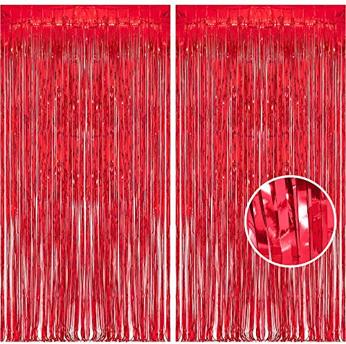 BRAVESHINE 2 Stück Metallic Lametta Folie Fransen Vorhänge, Sparkle Metallic Photo Booth Hintergrund Lametta Tür Vorhänge für Weihnachten Geburtstagsfeier Hochzeit Disco Deco (Rot, 1X2,5 m)