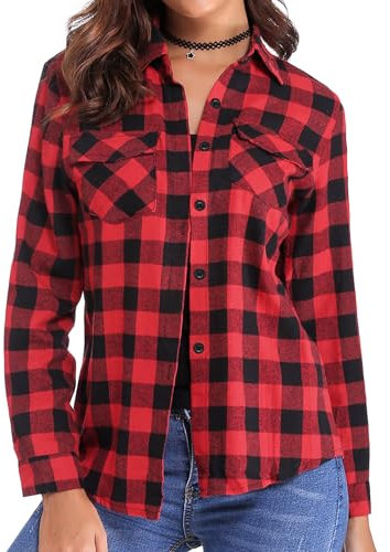 Aottori Damen Baumwolle Hemd Kariertes Karo-Hemd Langarm Button-down V-Ausschnitt Karohemd Bluse Tunika Tops Longshirt Hemd T-Shirt Casual Freizeit Sommer Blusenshirt Rot 1 XL