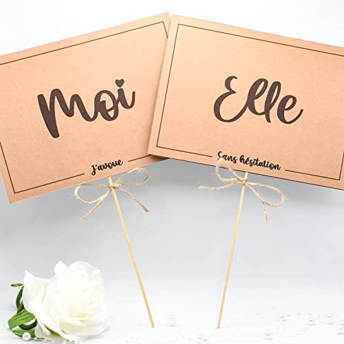 Jeu de mariage elle et lui, lot de 2 pancartes décorées d'un ruban, jeu mariage elle ou moi, papier kraft, mariage champêtre, animations, fête, cérémonie