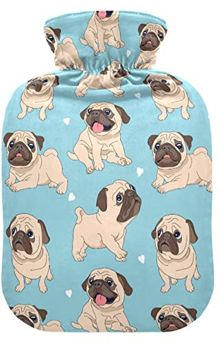 Oarencol Funny Pugs Dog Hot Water Bottle Puppies Blue Warm Water Bag with Cover for Hot and Cold Compress 1 Liter